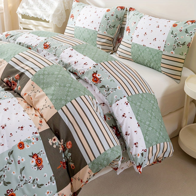 3pcs Green Plaid Floral Duvet Cover Set - All-Season Bedding