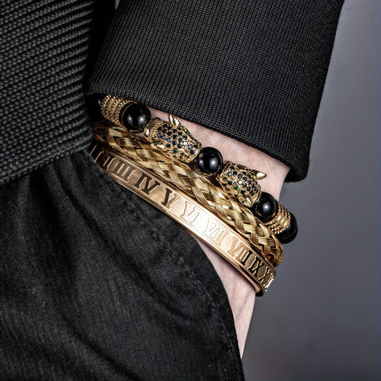 Men's Black Agate Leopard Head Bracelet Set