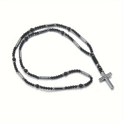 Elegant Men's Black Beaded Cross Necklace
