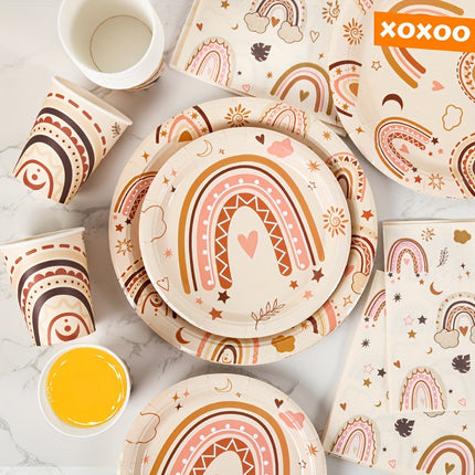 80-Piece Bohemian Brown Rainbow Themed Disposable Tableware Set