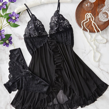 Contrast Lace Ruffle Lingerie Set