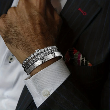 3pcs Men's Braided & Roman Numeral Bracelet Set