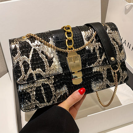 Vintage Snake Print Chain Shoulder Bag