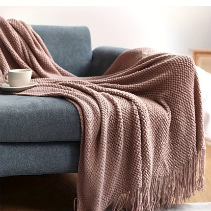 Knitted Throw Blanket with Tassels - Lightweight & Cozy
