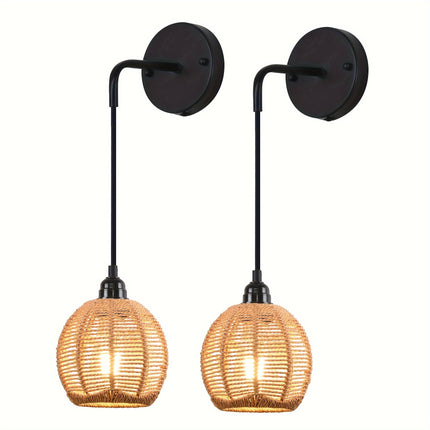 Boho Chic Hand-Woven Rattan Wall Lamp - Farmhouse Style