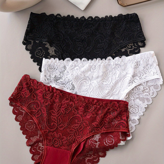 3pcs Solid Lace Briefs, Comfy & Breathable