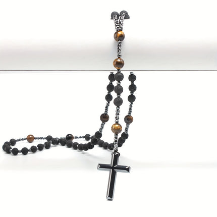 Black Lava Rock & Tiger Eye Cross Necklace