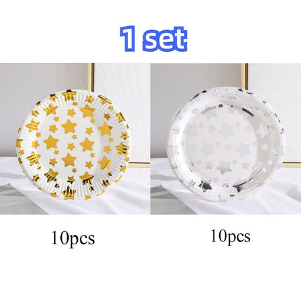 Elegant Golden & Silvery Foil Birthday Cake Plates Set