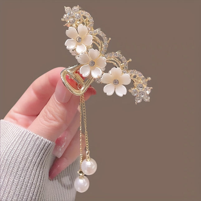 Camellia Rhinestone Faux Pearl Tassel Hair Clip