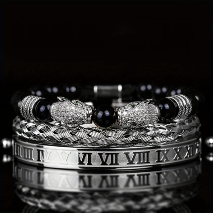 Men's Black Agate Leopard Head Bracelet Set