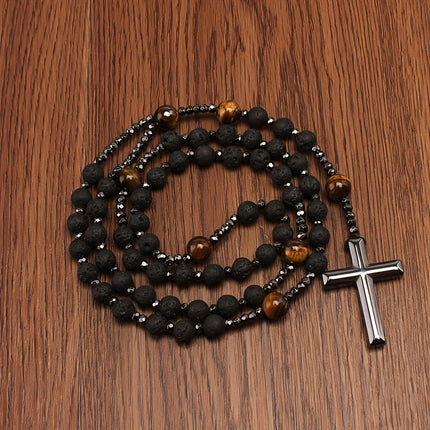 Black Lava Rock & Tiger Eye Cross Necklace