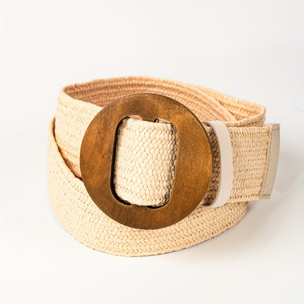 Boho-Chic Straw Belt with Wooden Buckle