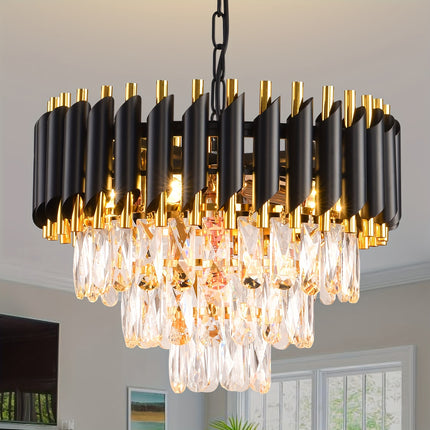 Elegant 3-Tier Black & Gold Crystal Chandelier - Modern Flush Mount