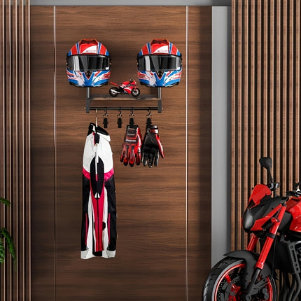 Wooden Motorcycle Helmet Wall Rack with Shelf & Gear Hook