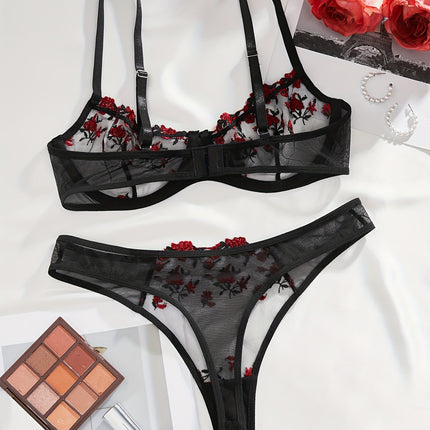 Floral Embroidery Mesh Lingerie Set