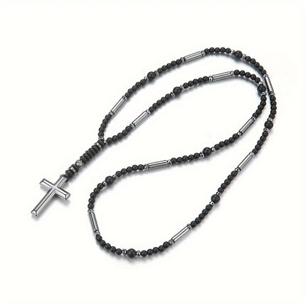 Elegant Men's Black Beaded Cross Necklace