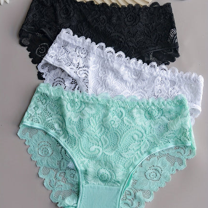 3pcs Solid Lace Briefs, Comfy & Breathable