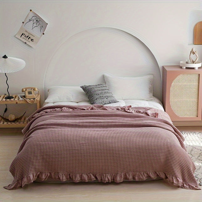 Ultra-Soft Waffle Knit Throw Blanket with Lace Trim