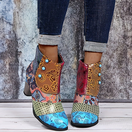 Floral Pattern Chunky Heel Ankle Boots
