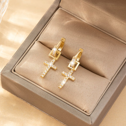 Golden Cross Earrings with Cubic Zirconia
