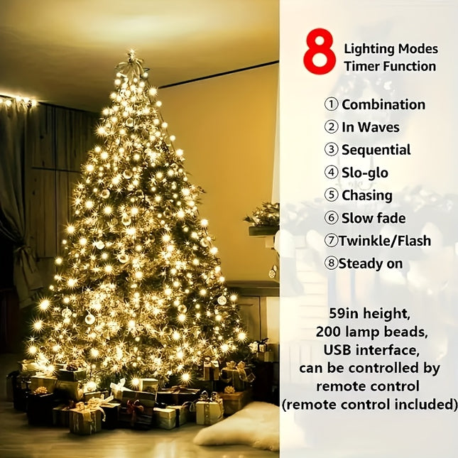 USB-Powered LED Christmas Tree Lights - 8 Modes