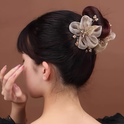 Elegant Champagne Hair Tie – Rose & Twist Detail Ponytail Holder