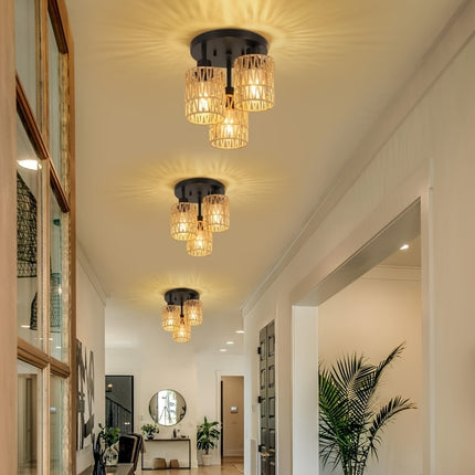 Boho Chic 3-Flame Rattan Ceiling Lamp – Vintage Bamboo Design