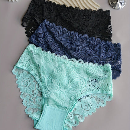 3pcs Solid Lace Briefs, Comfy & Breathable