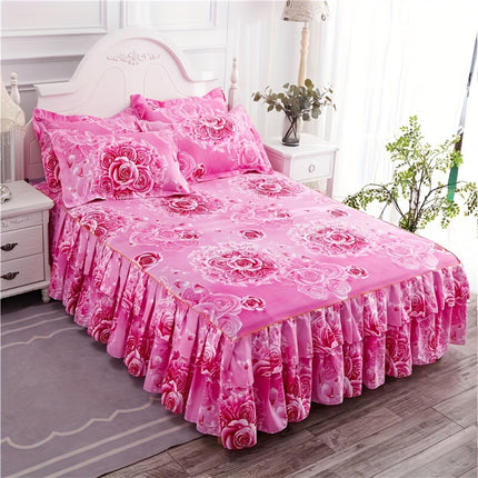 Luxury 3pcs Bed Skirt Set with Floral Print & Pillowcases