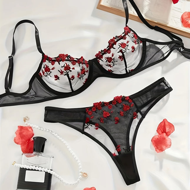 Floral Embroidery Mesh Lingerie Set