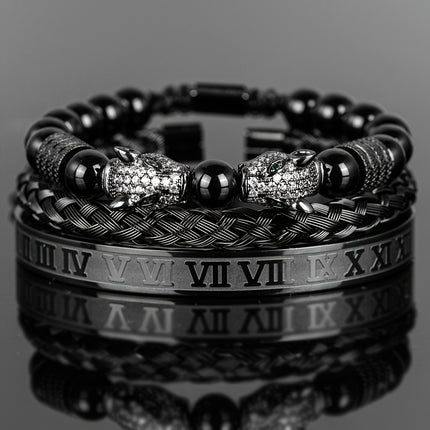 Men's Black Agate Leopard Head Bracelet Set
