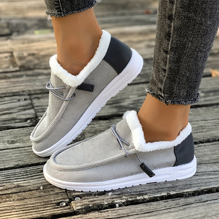 Beige Furry Trim Slip-On Loafers